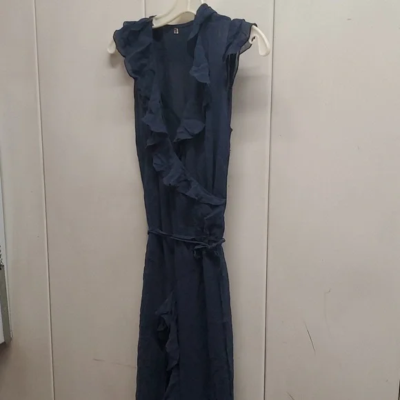 FP Women’s Navy Pretty Ruffle Plunging Midi Slip & Dress Summer  M - Picture 3 of 11